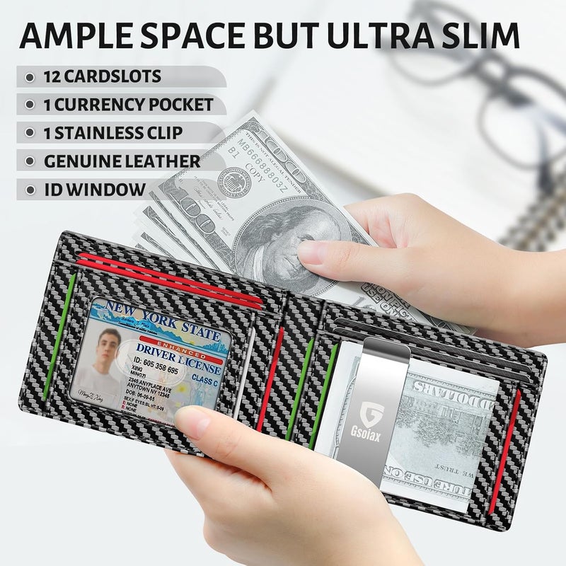 GSOIAX Mens Slim Wallet for Men Minimalist Genuine Leather Carbon Fiber Rfid Blocking Bifold Credit Card Holder With Gift Box (Carbon-money clip) - Image 3